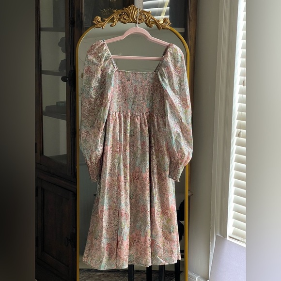O.P.T.  NWT Pastel Floral Classic Smocked Midi Dress w/ Silver Metallic Detail - Picture 1 of 11